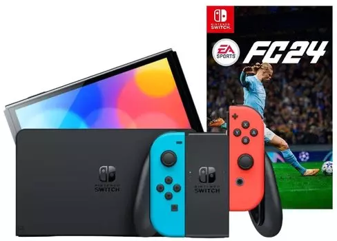 Игровая приставка Nintendo Switch OLED 64GB (неоновый красный/неоновый синий) (AZ) + Игра EA Sports FC 24