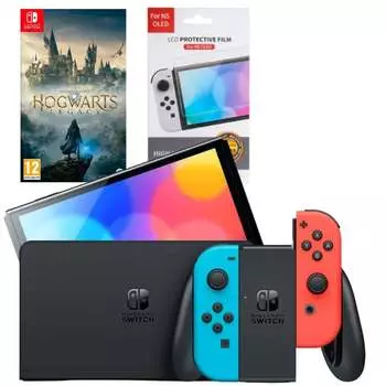 Игровая приставка Nintendo Switch OLED 64GB (неоновый красный/неоновый синий) (AZ) + Игра Hogwarts Legacy + Защитная плёнка OIVO