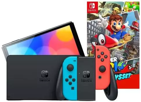 Игровая приставка Nintendo Switch OLED 64GB (неоновый красный/неоновый синий) (AZ) + Игра Super Mario Odyssey
