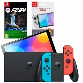 Игровая приставка Nintendo Switch OLED 64GB (неоновый красный/неоновый синий) (AZ) + Игра EA Sports FC 24 + Защитная плёнка OIVO