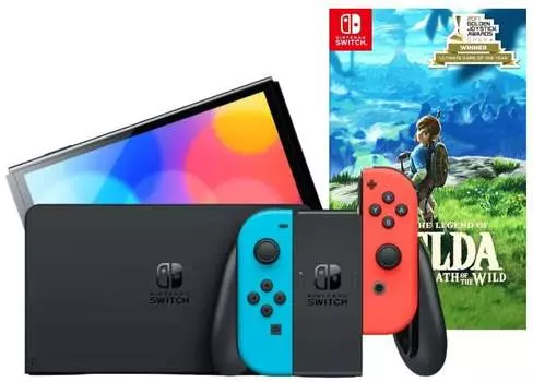 Игровая приставка Nintendo Switch OLED 64GB (неоновый красный/неоновый синий) (AZ) + Игра The Legend of Zelda: Breath of the Wild