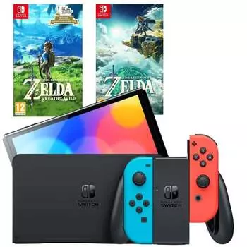 Игровая приставка Nintendo Switch OLED 64GB (неоновый красный/неоновый синий) (AZ) + Игра Legend of Zelda: Tears of the Kingdom + Игра The Legend of Zelda: Breath of the Wild