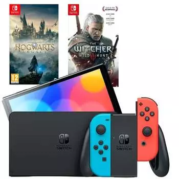 Игровая приставка Nintendo Switch OLED 64GB (неоновый красный/неоновый синий) (AZ) + Игра Hogwarts Legacy + Игра Ведьмак 3: Дикая охота