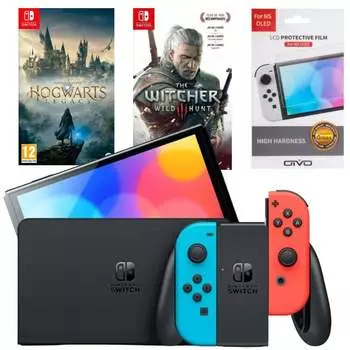 Игровая приставка Nintendo Switch OLED 64GB (неоновый красный/неоновый синий) (AZ) + Игра Hogwarts Legacy + Игра Ведьмак 3: Дикая охота + Защитная плёнка OIVO