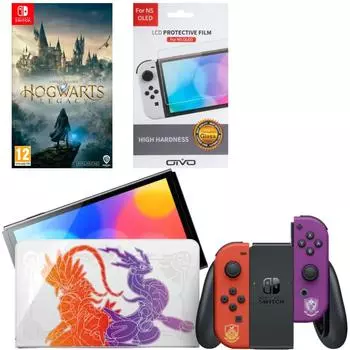 Игровая приставка Nintendo Switch OLED 64GB (Pokemon Scarlet and Violet Edition) + Игра Hogwarts Legacy + Защитная плёнка OIVO