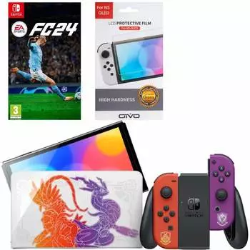 Игровая приставка Nintendo Switch OLED 64GB (Pokemon Scarlet and Violet Edition) + Игра EA Sports FC 24 + Защитная плёнка OIVO