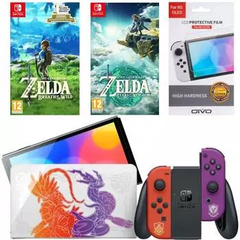 Игровая приставка Nintendo Switch OLED 64GB (Pokemon Scarlet and Violet Edition) + Игра Legend of Zelda: Tears of the Kingdom + Игра The Legend of Zelda: Breath of the Wild + Защитная плёнка OIVO