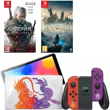 Игровая приставка Nintendo Switch OLED 64GB (Pokemon Scarlet and Violet Edition) + Игра Hogwarts Legacy + Игра Ведьмак 3: Дикая охота