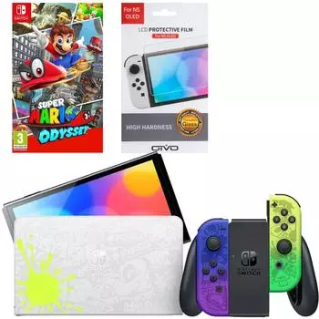 Игровая приставка Nintendo Switch OLED 64GB (Splatoon 3 Edition) + Игра Super Mario Odyssey + Защитная плёнка OIVO