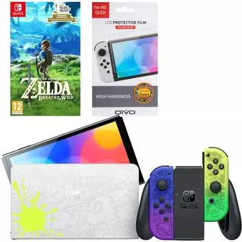 Игровая приставка Nintendo Switch OLED 64GB (Splatoon 3 Edition) + Игра The Legend of Zelda: Breath of the Wild + Защитная плёнка OIVO