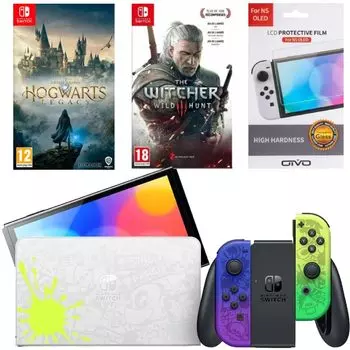 Игровая приставка Nintendo Switch OLED 64GB (Splatoon 3 Edition) + Игра Hogwarts Legacy + Игра Ведьмак 3: Дикая охота + Защитная плёнка OIVO