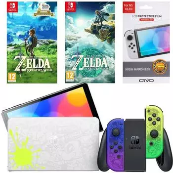 Игровая приставка Nintendo Switch OLED 64GB (Splatoon 3 Edition) + Игра Legend of Zelda: Tears of the Kingdom + Игра The Legend of Zelda: Breath of the Wild + Защитная плёнка OIVO
