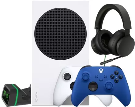 Microsoft XBOX Series S + 2-й геймпад (Shock Blue) + зарядная станция + гарнитура Gaming Stereo Headset