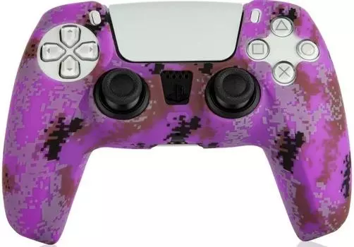 Силиконовый чехол для геймпада Sony DualSense (фиолетовый камуфляж) + 2 накладки на стики