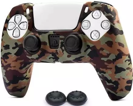 Силиконовый чехол для геймпада Sony DualSense (зеленый камуфляж) + 2 накладки на стики