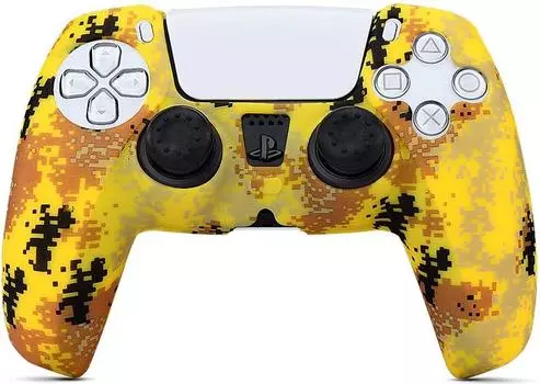 Силиконовый чехол для геймпада Sony DualSense (желтый камуфляж) + 2 накладки на стики