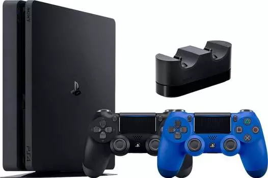 Sony PlayStation 4 Slim (500GB) (CUH-2200A)(AZ) + 2-й геймпад (синяя волна) + зарядная станция