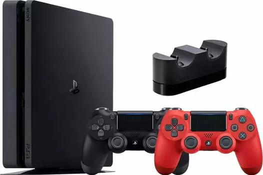 Sony PlayStation 4 Slim (500GB) (CUH-2200A)(AZ) + 2-й геймпад (красная лава) + зарядная станция