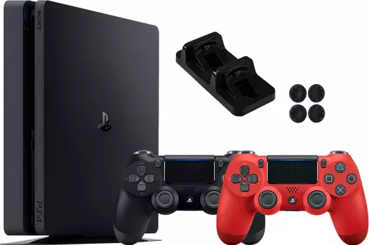 Sony PlayStation 4 Slim (500GB) (CUH-2200A)(AZ) + 2-й геймпад (красный) + зарядная станция + накладки на стики