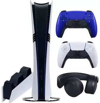 Sony PlayStation 5 Pro (PS5 Pro, EU) + 2-й геймпад (синий кобальт) + гарнитура PULSE 3D (чёрная) + зарядная станция