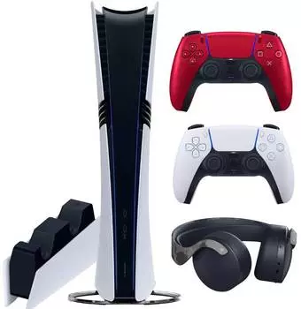 Sony PlayStation 5 Pro (PS5 Pro, EU) + 2-й геймпад (вулканический красный) + гарнитура PULSE 3D (камо) + зарядная станция