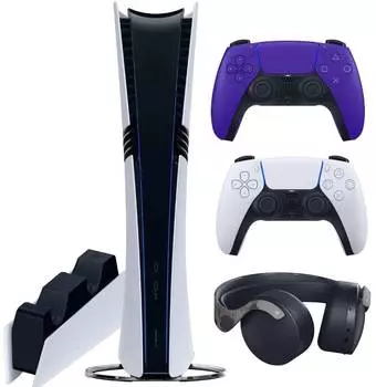 Sony PlayStation 5 Pro (PS5 Pro, EU) + 2-й геймпад (галактический пурпурный) + гарнитура PULSE 3D (камо) + зарядная станция
