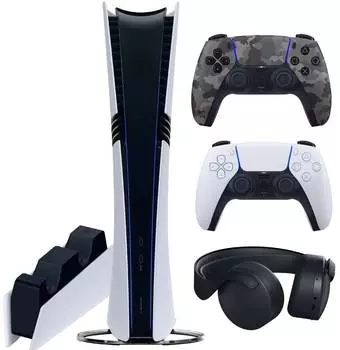 Sony PlayStation 5 Pro (PS5 Pro, JP) + 2-й геймпад (серый камуфляж) + гарнитура PULSE 3D (чёрная) + зарядная станция