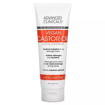 Advanced Clinicals, Веганское касторовое масло, несмываемый кондиционер, для всех типов волос, 237 мл (8 жидк. Унций)