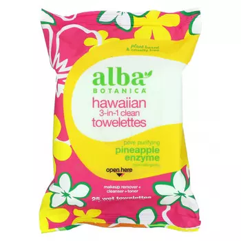 Alba Botanica, гавайские влажные салфетки «3 в 1» с ананасовым ферментом, 25 штук