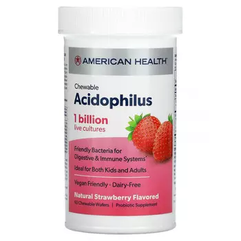 American Health, Chewable Acidophilus, натуральная клубника, 60 жевательных вафель