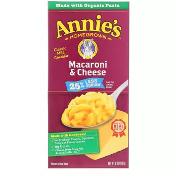 Annie's Homegrown, Macaroni & Cheese, классический мягкий чеддер, без натрия, 170 г (6 унций)