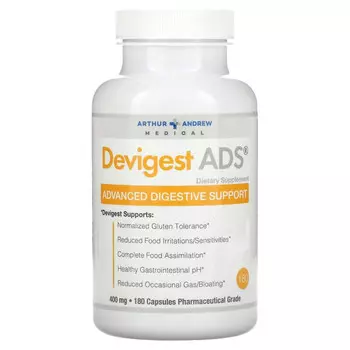 Arthur Andrew Medical, Devigest ADS, усовершенствованное средство для поддержки пищеварения, 400 мг, 180 капсул