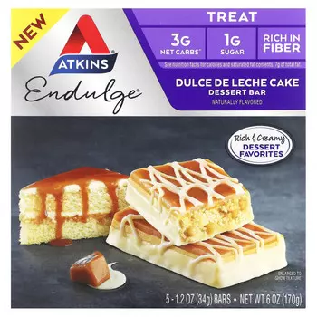 Atkins, Treat, Endulge, десертный батончик, торт Dulce De Leche, 5 батончиков по 34 г (1,2 унции)