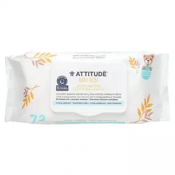 ATTITUDE, Baby, натуральные детские салфетки, без отдушек, 72 салфетки