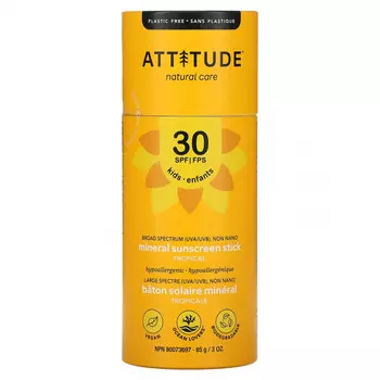 ATTITUDE, Для детей, минеральный солнцезащитный стик, SPF 30, тропический, 85 г (3 унции)