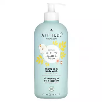 ATTITUDE, Для детей, овсянка, натуральное средство для чувствительной кожи, шампунь и гель для душа, без запаха, 473 мл (16 жидк. Унций)