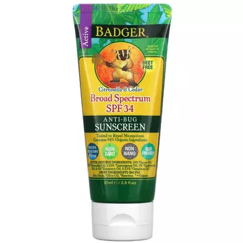 Badger Company, солнцезащитный крем против насекомых, SPFт34, цитронелла и кедр, 87 мл (2,9 жидк. унций)