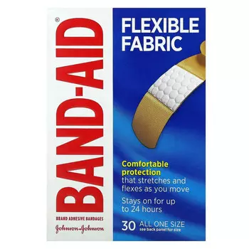 Band Aid, Лейкопластырные повязки, гибкая ткань, 30 повязок