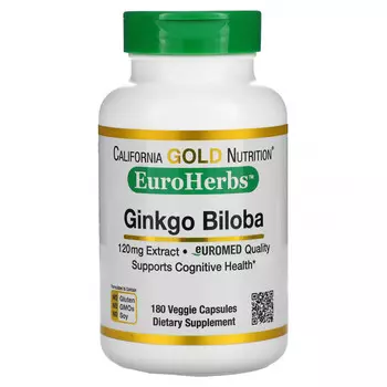 California Gold Nutrition, EuroHerbs, экстракт гинкго билоба, европейское качество, 120 мг, 180 растительных капсул