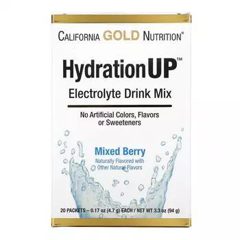 California Gold Nutrition, HydrationUP, смесь для приготовления электролитического напитка, ягодный микс, 20 пакетиков, 4,7 г (0,17 унции) в каждом