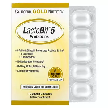 California Gold Nutrition, LactoBif, пробиотики, 5 млрд КОЕ, 10 растительных капсул
