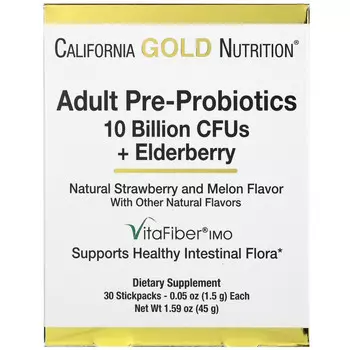 California Gold Nutrition, пребиотики и пробиотики для взрослых, 10 млрд. КОЕ + бузина, натуральный клубнично-дынный вкус, 30 пакетиков по 1,5 г (0,05 унции)