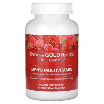 California Gold Nutrition, Жевательные пастилки с поливитаминами для мужчин, без желатина, без глютена, со вкусом органических ягод и фруктов, 90 жевательных пастилок