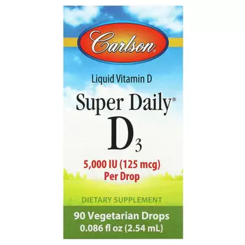 Carlson, Super Daily, D3, 125 мкг (5000 МЕ), 90 вегетарианских капель, 2,54 мл (0,086 жидк. Унции)