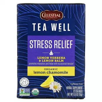 Celestial Seasonings, Stress Relief, лимонная вербена и мелисса, органическая лимонная ромашка, без кофеина, 12 чайных пакетиков по 1,2 г (0,06 унции)