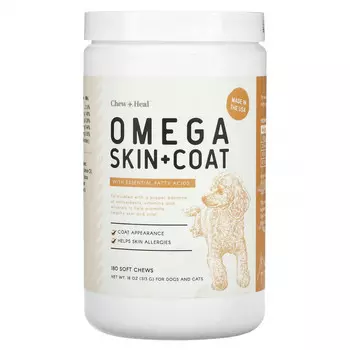 Chew + Heal, Omega Skin + Coat, с незаменимыми жирными кислотами, для собак и кошек, 180 жевательных таблеток, 513 г (18 унций)