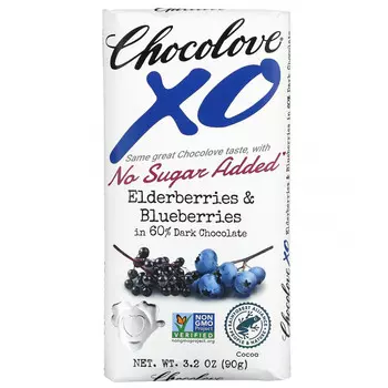 Chocolove, XO, бузина и голубика в 60% темном шоколаде, 90 г (3,2 унции)