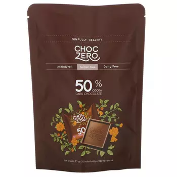 ChocZero, порционный темный шоколад, 50% какао, без сахара, 10 шт., 100 г (3,5 унции)