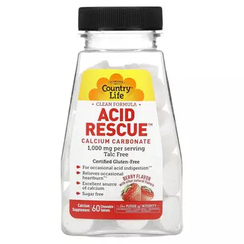 Country Life, Acid Rescue, карбонат кальция, ягодный вкус, 1000 мг, 60 жевательных таблеток
