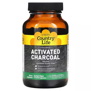 Country Life, Активированный уголь, 260 мг, 100 веганских капсул